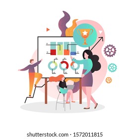 Business woman coach giving presentation or lecture, pointing at charts and diagrams on whiteboard, vector illustration. Business planning and strategy management training courses for website page etc