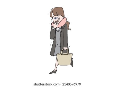 Business woman in a coat walking in the cold Comical handwritten person Vector, line drawing and color