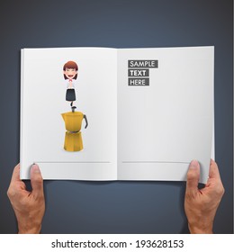 Business woman with coffee pot printed on book. Vector design
