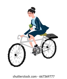 Business woman with coffee ride a bike.Style business lady riding on a cruiser bicycle.Modern office workers using bicycle as an urban transport.Woman in formal suits riding bike