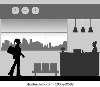 A business woman is coming to the hotel reception desk, one in the series of similar images silhouette