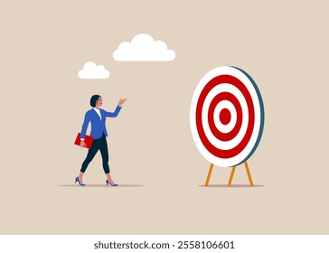 Business woman is coming to their goal. Move forward motivation, the path to the target's achievement. Flat vector illustration