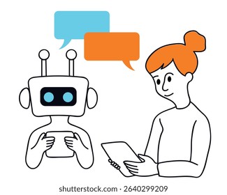 Business woman communicate with chatbot, chat bot chat with artificial intelligence technology. Simple cartoon vector illustration, technology concept.	