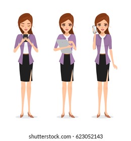 Business woman with communication technology. illustration vector people character.