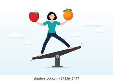 Business woman compare orange and apple while balance on seesaw, comparison, decision to choose alternative choices, doubt or thoughtful compare good and bad things for best result, options (Vector)