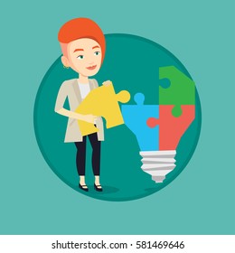 Business woman completing idea bulb made of puzzle. Business woman inserts the missing puzzle in idea bulb. Business idea concept. Vector flat design illustration in the circle isolated on background.