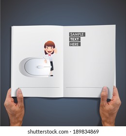 business woman with computer mouse printed on book.