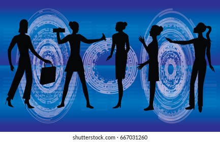 Business woman, computer programmers, network administrator, diagram - symbol of scientific and technical progress - dark silhouettes on a blue background - art, creative, modern vector illustration.