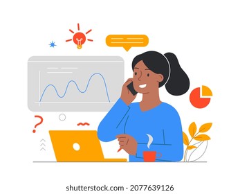 Business woman concept. Analytical department, work with statistics. Data checking, charting. Marketing research, office, employee behind laptop, pc, coworking. Cartoon flat vector illustration