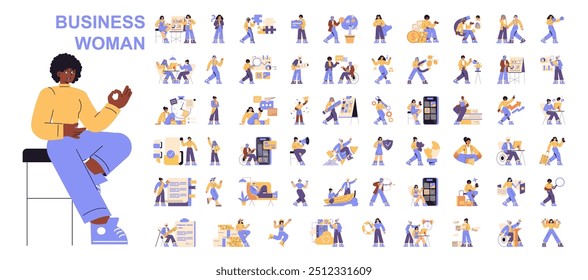 Business Woman concept. A comprehensive assortment of female professional activities and roles. Career development, office work, and leadership in modern business. Vector illustration set.