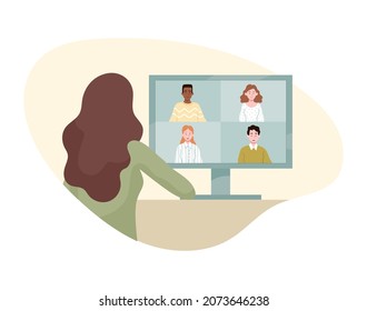 Business woman concept. Female character holds online meeting with employees. Video conference to discuss details of project. Successful entrepreneur. Cartoon contemporary flat vector illustration