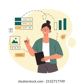 Business woman concept. Girl analyzes graphs, works with statistics and evaluates companys income and expenses. Boss reads reports of subordinates, sets goals. Cartoon flat vector illustration