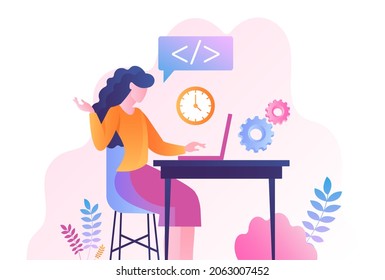 Business Woman Concept. Girl On Laptop Checks Code For Site. Character Crushes Tasks Online, Concluding Contract On Internet, Purchasing Raw Materials. Vector Illustration Isolated On White Background