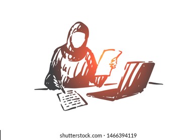 Business woman concept sketch. Business woman from Saudi Arabia sitting in office near laptop and making notes. Hand drawn isolated vector illustration