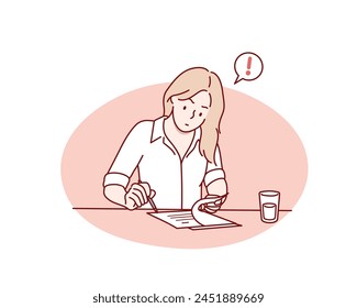 Business woman concept. Young female entrepreneur sitting at her desk, holding pen and reading business contract. Hand drawn style vector design illustrations.