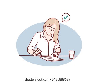 Business woman concept. Young female entrepreneur sitting at her desk, holding pen and reading business contract. Hand drawn style vector design illustrations.