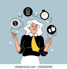 Business woman concept. Young girl juggles things. Financial literacy and passive income. Business company or organization, hardworking employee. Poster or banner. Cartoon flat vector illustration