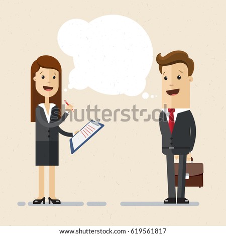 Business woman is conducting a survey. Businessman answers questions of interview. Concept of survey, questionnaire. Vector, illustration, flat