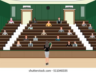 Business woman Conference or Presentation at Audience conference hall, interior building , Diverse people  character flat design vector illustration.