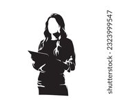 Business woman at conference, young female speaker, isolated vector silhouette