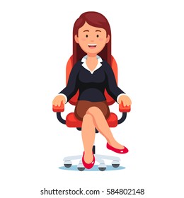 Business woman confidently sitting in office chair with smiling face and looking at viewer. Female executive manager or CEO. Modern flat style vector illustration isolated on white background.