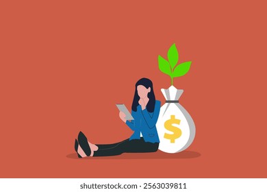 Business woman confidently sitting side of money plant, concept of wealth and financial success. Idea for investor, investment, business tycoon