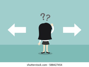 Business woman confused about two choices. Vector illustration.