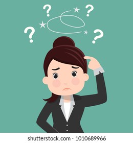 Business woman is confused, Thinking business woman surrounded by question marks , Business concept - vector illustration