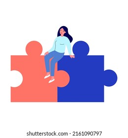 Mujer de negocios construyendo la solución de rompecabezas. Gente conectando grandes piezas de rompecabezas. Ilustración de vectores para el concepto de comunidad
