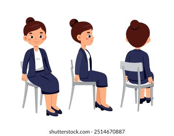 Business woman constructor. Businesswoman in suit sit on chair. Kit for customization. Pack of character in various angles. Manager and accountant. Flat vector collection isolated on white background