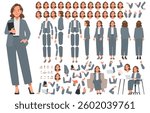 Business woman constructor. Entrepreneur or company director. Set of different positions of arms legs body and head to create animation and your own illustrations. DIY kit. Vector illustration in flat
