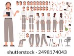 Business woman constructor. Set of different poses of arms and legs, head and body positions for animation and creating your own character options. DIY kit. Vector illustration in flat style