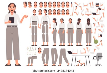 Constructor de mujer de negocios. Conjunto de diferentes poses de brazos y piernas, cabeza y posiciones del cuerpo para la animación y la creación de sus propias opciones de personaje. Kit DIY. Ilustración vectorial en estilo plano