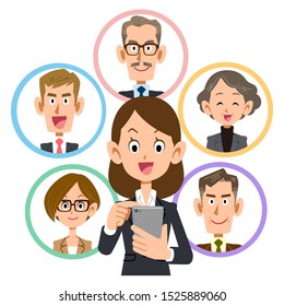 Business woman contacting team with smartphone