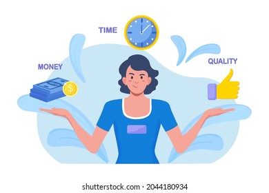 Business woman contemplating over conflicting interrelated values triangle. Time, money cost or quality question concept. Customer expectations for the service or product. Vector illustration 