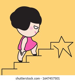 Business Woman Continue Walking On Stair Step To Reach The Star  Concept Of Never Give Up Card Character illustration
