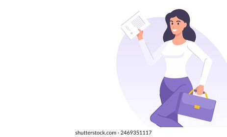 Business woman with contract agreement document banner design template vector flat illustration. Smiling cartoon female character with briefcase and corporate paper legal partnership sales deal