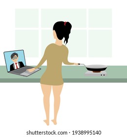 Business woman cooking at the online meeting