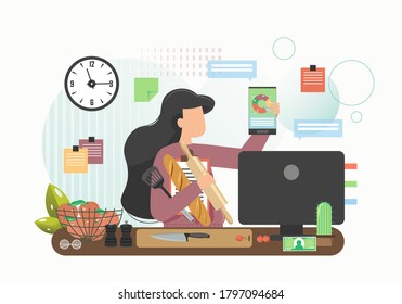 Business woman cooking and working on computer in kitchen, vector flat illustration. Busy multitasking woman holding tablet with charts on screen in one hand, baguette, dough rolling pin in the other.