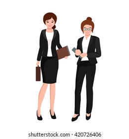business woman in costume, files and case, office worker team