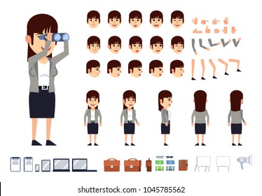 Business woman creation kit. Create your own pose, action, animation. Various emotions, gestures, design elements. Flat design vector illustration
