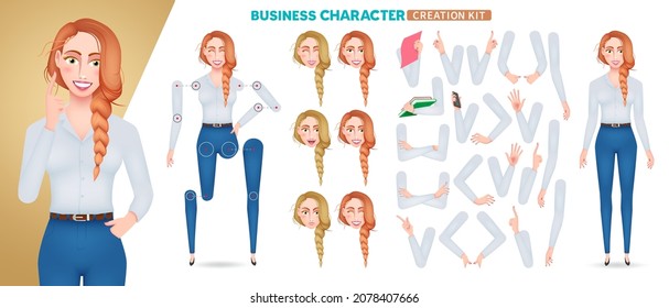 Business woman creation kit vector set. Businesswoman characters creator with arms hand gestures and faces expression for business employee editable pose design. Vector illustration.
