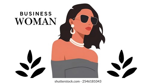 BUSINESS WOMAN creative banner with stylish woman,minimalistic flat vector illustration,plain background