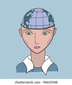 Business  woman creative vector illustration. Earth planet inside the head