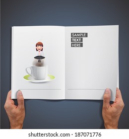 Business woman with cup of coffee printed on book. Vector design 