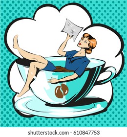 Business woman in cup of coffee reading document pop art comic