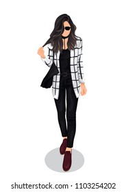 A Business woman with curly black hair uses comfort formal outfit like shirt with choker, striped blazer, pants, a big shoulder bag and sneaker shoes also sun glasses