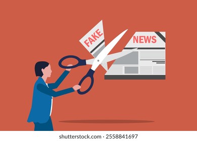 Business woman cutting Fake News with scissors. concept of Stop and misinformation spreading on internet and media