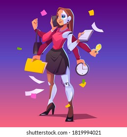 Business woman cyborg with many hands. Multitasking robot, professional assistant with ai. Vector cartoon chatbot character, businesswoman with phone, clock, note pad and bag in arms