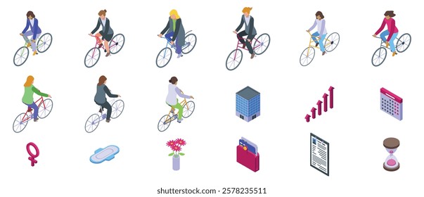 Business woman cycling icons set. Isometric businesswomen cycling, symbolizing sustainable transport, health, and efficient time management